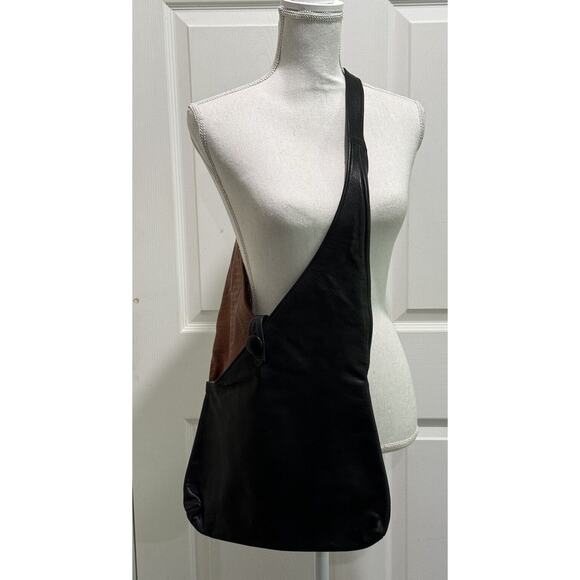 Black Brown Soft Textured Pebbled Leather Boho Bag Large Hobo Handbag Satchel - Picture 2 of 10